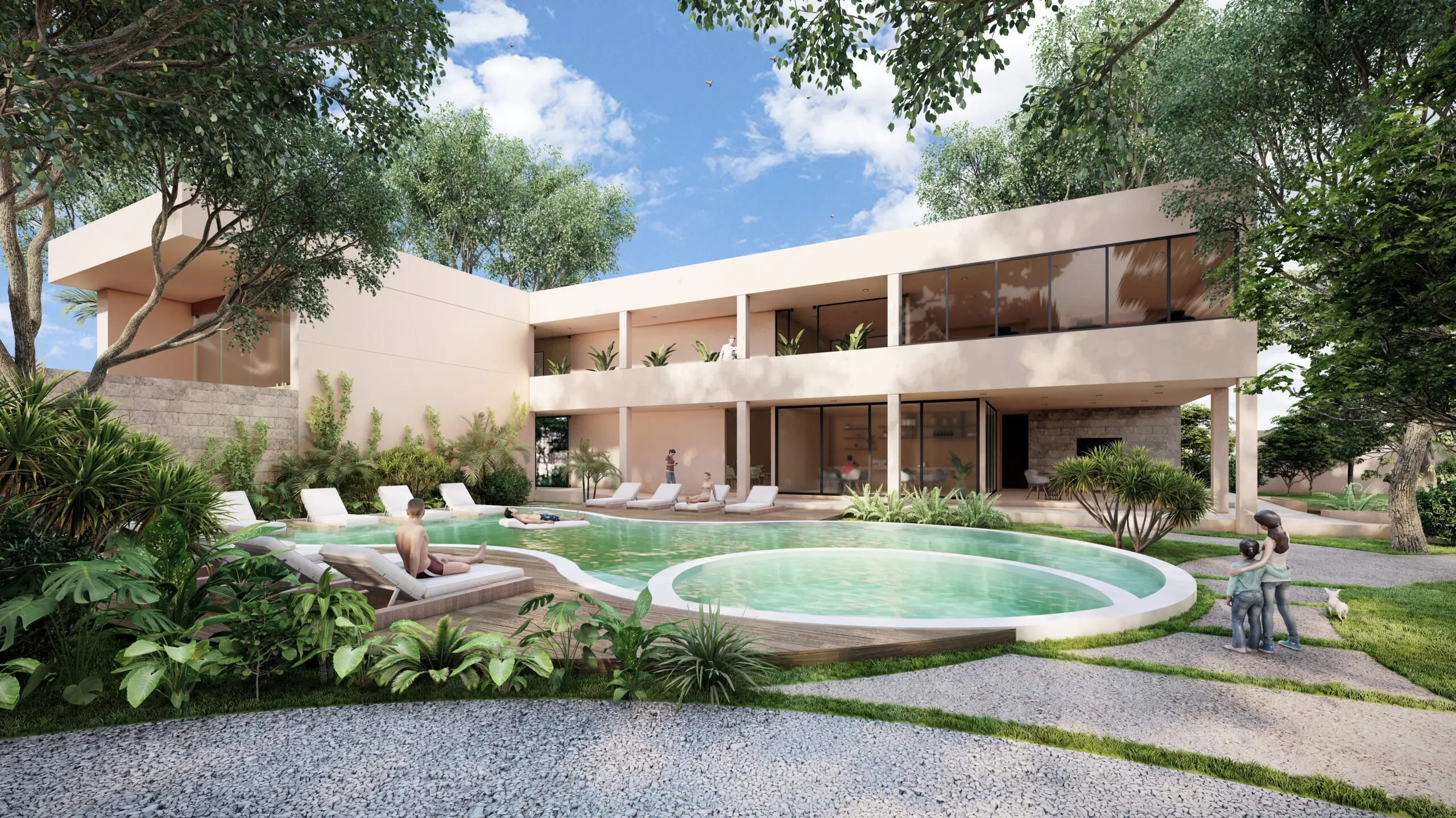 Render de la Casa Club de Ciudad Central Mérida con alberca circular