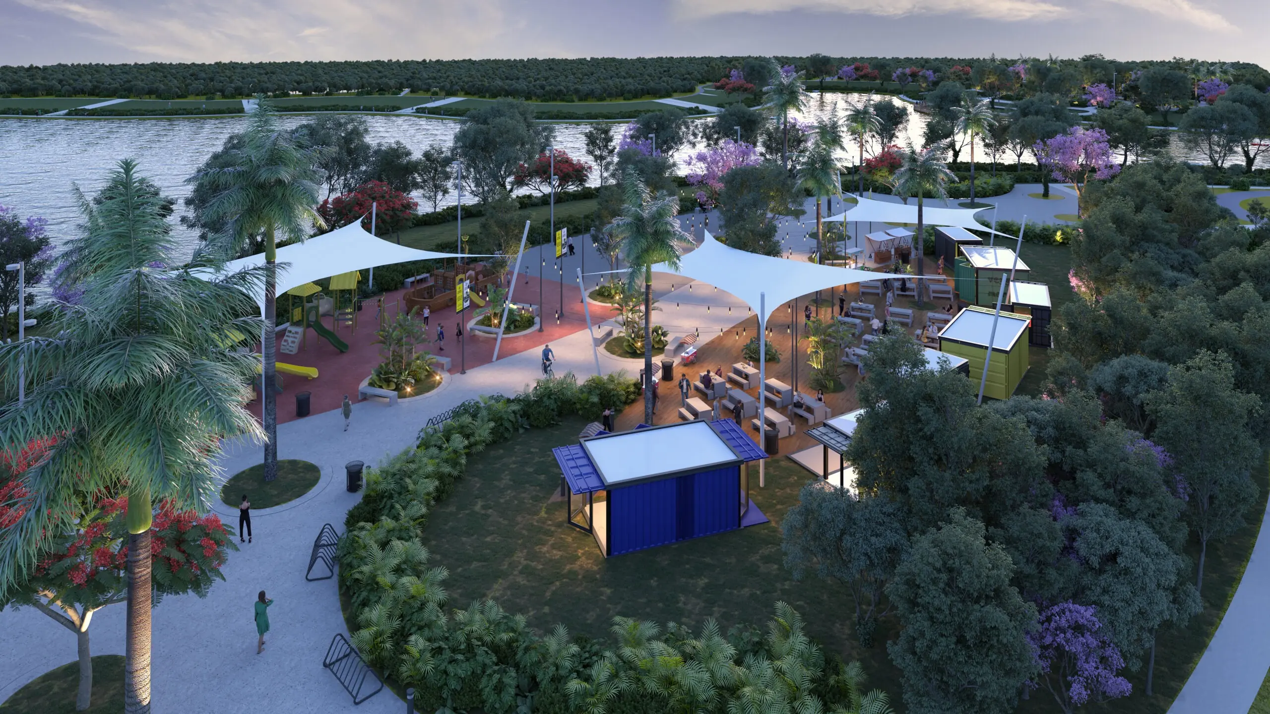 Área de foodtrucks con pérgolas y vista al lago artificial