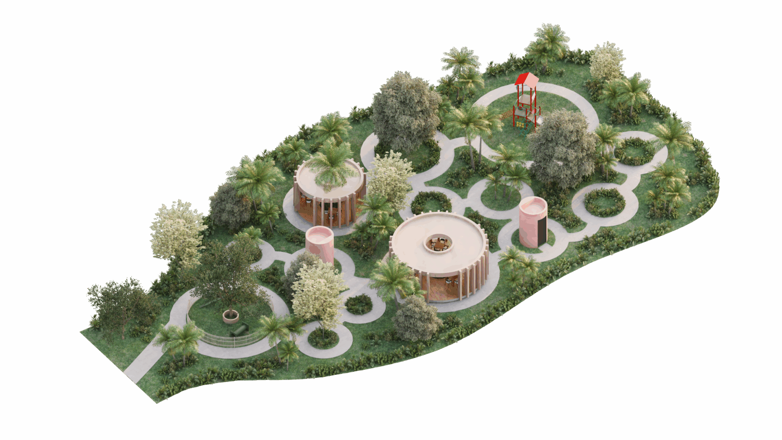 Parque central de XO'OK con áreas de esparcimiento