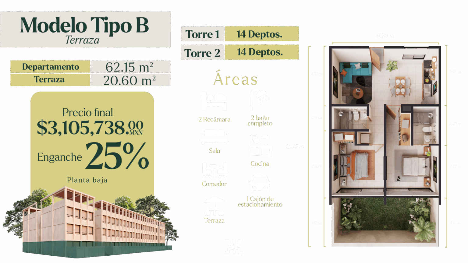 Render y plano del Modelo Tipo B con Terraza en XO'OK Living