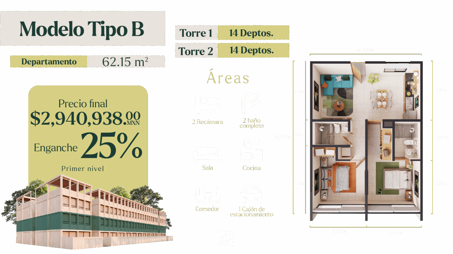 Render y plano del Modelo Tipo B en XO'OK Living